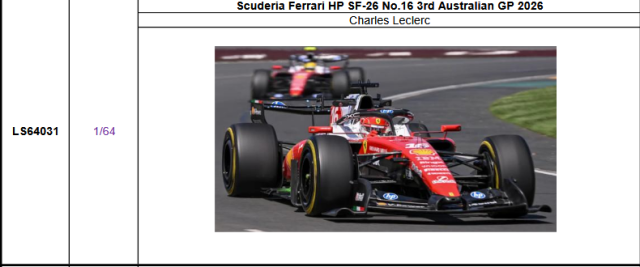 【ルックスマート(LS64031)ご予約商品4/12締切】1/64 フェラーリ SF-26 C.ルクレール 2026年オーストラリアGP3位 予価：税込￥5500 