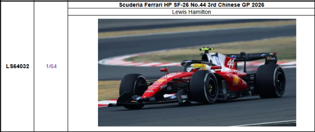 【ルックスマート(LS64032)ご予約商品4/12締切】1/64 フェラーリ SF-26 L.ハミルトン 2026年中国GP3位 予価：税込￥5,500 