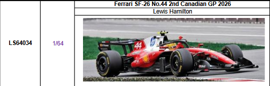 【ルックスマート(LS64034)ご予約商品6/22締切】1/64 フェラーリ SF-26 L.ハミルトン 2026年カナダGP2位 予価：税込￥5500