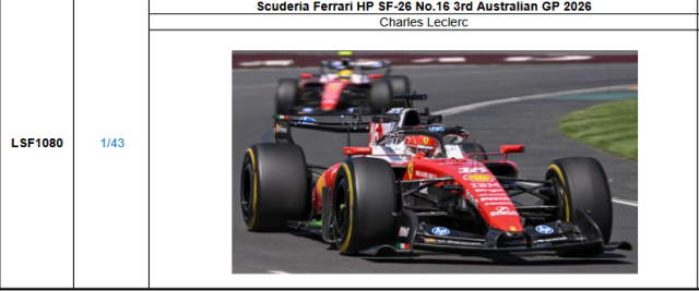 【ルックスマート(LSF1080)ご予約商品4/12締切】1/43 フェラーリ SF-26 C.ルクレール 2026年オーストラリアGP3位 予価：税込￥18700 