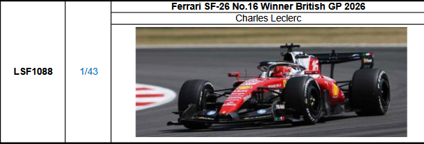 【ルックスマート(LSF1088)ご予約商品8/3締切】1/43 フェラーリ SF-26 No.16 C.ルクレール 2026年イギリスGP優勝　予価：税込￥18700