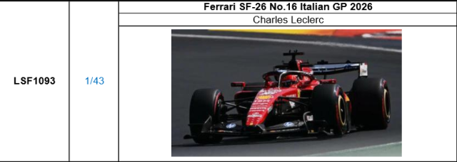 【ルックスマート(LSF1093)ご予約商品10/14締切】1/43 フェラーリ SF-26 No.16 C.ルクレール 2026年イタリアGP予価：税込￥18700