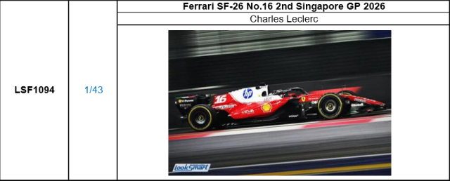 【ルックスマート(LSF1094)ご予約商品11/12締切】1/43 フェラーリ SF-26 No.16 C.ルクレール 2026年シンガポールGP 2位 予価：税込￥18700