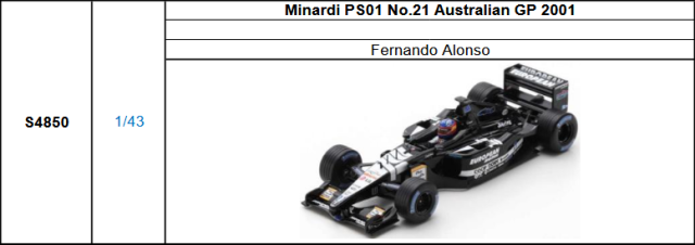 【スパーク(S4850 )ご予約商品10/12締切】【再生産分】1/43 ミナルディ PS01 F.アロンソ 2001オーストラリアGP No.21 予価：税込￥12980