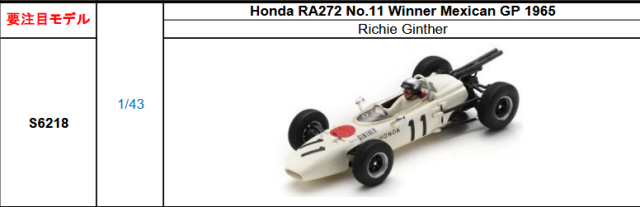【スパーク(S6218)ご予約商品10/19締切】1/43 ホンダ(Honda)RA272 R.ギンザー 1965年メコシコGP優勝 No.11 予価：税込￥13200