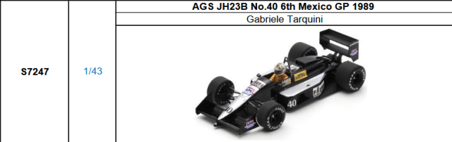 【スパーク(S7247)ご予約商品10/19締切】1/43 AGS JH23B G.タルキーニ 1989年メキシコGP6位 No.40 予価：税込￥13200