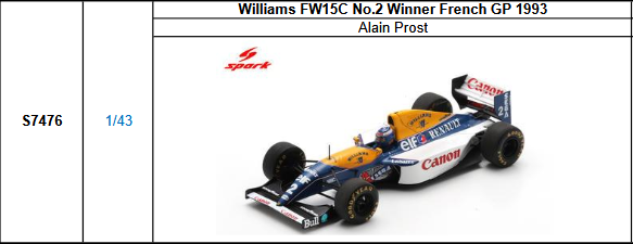 【価格改定・追加受注スパーク(S7476)ご予約商品6/14締切】1/43 ウィリアムズ FW15C A.プロスト 1993年フランスGP優勝 No.2 予価:税込¥13200