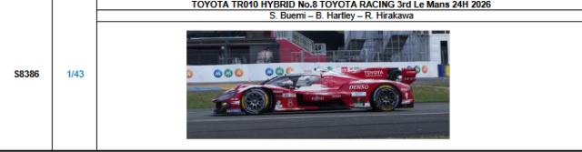 【スパーク(S8386)ご予約商品8/3締切】1/43 TOYOTA TR010 HYBRID No.8 TOYOTA RACING 2026ルマン24時間レース3位 S.ブエミ-B.ハートレー-平川亮 予価：税込￥13970