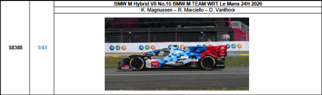 【スパーク(S8388)ご予約商品8/3締切】1/43 BMW M Hybrid V8 No.15 BMW M TEAM WRT 2026ルマン24時間レース K.マグヌッセン-R.マルチェッロ-D.ファントール 予価：税込￥13970