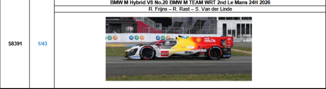 【スパーク(S8391)ご予約商品8/3締切】1/43 BMW M Hybrid V8 No.20 BMW M TEAM WRT 2026ルマン24時間レース2位 R.フラインス-R.ラスト-S.ファン・デル・リンデ 予価：税込￥13970