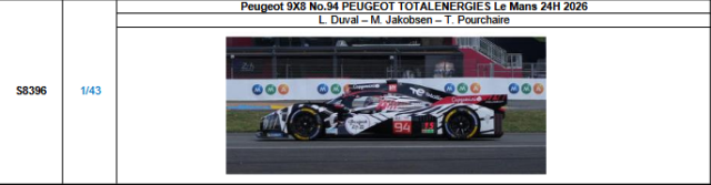 【スパーク(S8396)ご予約商品8/3締切】1/43 Peugeot 9X8 No.94 PEUGEOT TOTALENERGIES 2026ルマン24時間レース L.デュバル-M.ヤコブセン-T.プルシェール 予価：税込￥13970