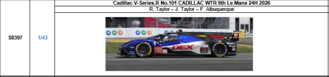 【スパーク(S8397)ご予約商品8/3締切】1/43 Cadillac V-Series.R No.101 CADILLAC WTR 2026ルマン24時間レース9位 R.テイラー-J.テイラー-F.アルバカーキ 予価：税込￥13970