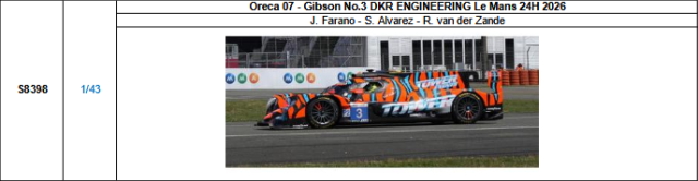 【スパーク(S8398)ご予約商品8/3締切】1/43 Oreca 07-Gibson No.3 DKR ENGINEERING 2026ルマン24時間レース J.ファラノ-S.アルバレス-R.ファン・デル・ザンデ 予価：税込￥13970