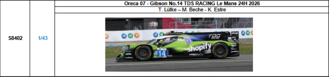 【スパーク(S8402)ご予約商品8/3締切】1/43 Oreca 07-Gibson No.14 TDS RACING 2026ルマン24時間レース T.リュトケ-M.ベッシュ-K.エストレ 予価：税込￥13970