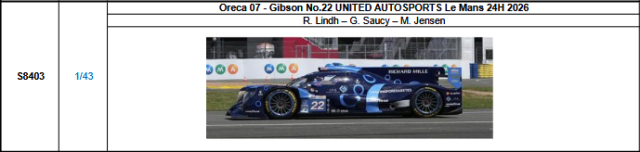 【スパーク(S8403)ご予約商品8/3締切】1/43 Oreca 07-Gibson No.22 UNITED AUTOSPORTS 2026ルマン24時間レース R.リンド-G.ソーシー-M.イェンセン 予価：税込￥13970