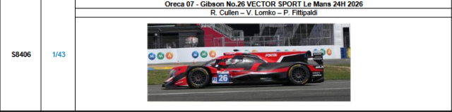 【スパーク(S8406)ご予約商品8/3締切】1/43 Oreca 07-Gibson No.26 VECTOR SPORT 2026ルマン24時間レース R.カレン-V.ロムコ-P.フィッティパルディ 予価：税込￥13970