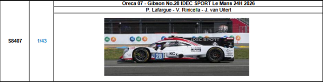 【スパーク(S8407)ご予約商品8/3締切】1/43 Oreca 07-Gibson No.28 IDEC SPORT 2026ルマン24時間レース P.ラファルグ-V.リニチェラ-J.ファン・ウイッテルト 予価：税込￥13970
