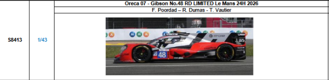 【スパーク(S8413)ご予約商品8/3締切】1/43 Oreca 07-Gibson No.48 RD LIMITED 2026ルマン24時間レース F.プールダッド-R.デュマ-T.ヴォーティエ 予価：税込￥13970