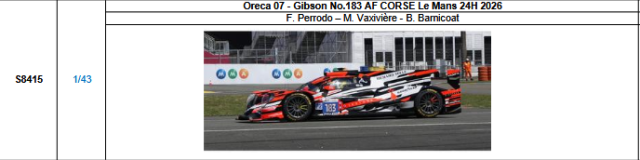 【スパーク(S8415)ご予約商品8/3締切】1/43 Oreca 07-Gibson No.183 AF CORSE 2026ルマン24時間レース F.ペロド-M.バクシヴィエール-B.バーニコート 予価：税込￥13970