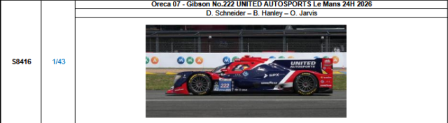 【スパーク(S8416)ご予約商品8/3締切】1/43 Oreca 07-Gibson No.222 UNITED AUTOSPORTS 2026ルマン24時間レース D.シュナイダー-B.ハンリー-O.ジャービス 予価：税込￥13970