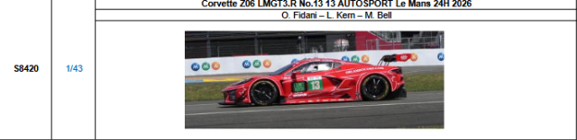 【スパーク(S8420)ご予約商品8/3締切】1/43 Corvette Z06 LMGT3.R No.13 13 AUTOSPORT 2026ルマン24時間レース O.フィダーニ-L.カーン-M.ベル 予価：税込￥13970