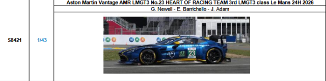 【スパーク(S8421)ご予約商品8/3締切】1/43 Aston Martin Vantage AMR LMGT3 No.23 HEART OF RACING TEAM LMGT3クラス3位 2026ルマン24時間レース G.ニューウェル-E.バリチェロ-J.アダム 予価：税込￥13970
