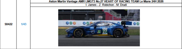 【スパーク(S8422)ご予約商品8/3締切】1/43 Aston Martin Vantage AMR LMGT3 No.27 HEART OF RACING TEAM 2026ルマン24時間レース I.ジェームス-Z.ロビション-M.ドルディ 予価：税込￥13970