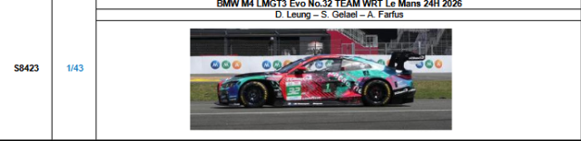 【スパーク(S8423)ご予約商品8/3締切】1/43 BMW M4 LMGT3 Evo No.32 TEAM WRT 2026ルマン24時間レース D.ルン-S.ゲラエル-A.ファルフス 予価：税込￥13970