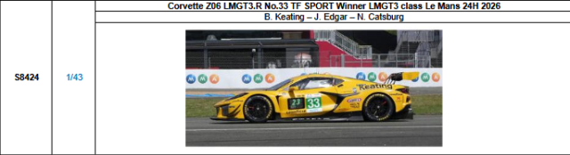 【スパーク(S8424)ご予約商品8/3締切】1/43 Corvette Z06 LMGT3.R No.33 TF SPORT LMGT3クラス優勝 2026ルマン24時間レース B.キーティング-J.エドガー-N.キャッツバーグ 予価：税込￥13970