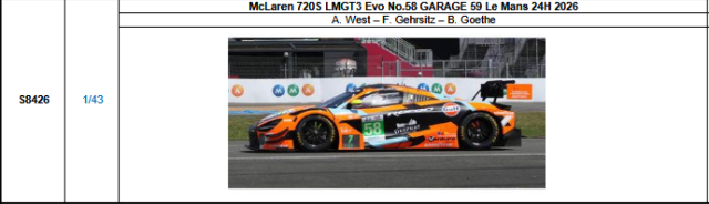 【スパーク(S8426)ご予約商品8/3締切】1/43 McLaren 720S LMGT3 Evo No.58 GARAGE 59 2026ルマン24時間レース A.ウェスト-F.ゲールジッツ-B.ゲーテ 予価：税込￥13970