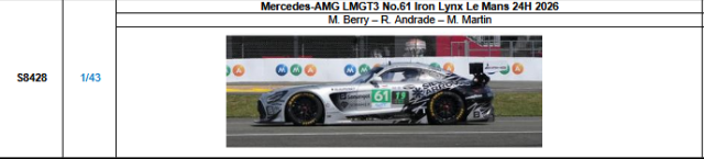 【スパーク(S8428)ご予約商品8/3締切】1/43 Mercedes-AMG LMGT3 No.61 Iron Lynx 2026ルマン24時間レース M.ベリー-R.アンドラーデ-M.マーティン 予価：税込￥13970