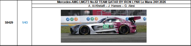 【スパーク(S8429)ご予約商品8/3締切】1/43 Mercedes-AMG LMGT3 No.62 TEAM QATAR BY IRON LYNX 2026ルマン24時間レース A.アル・ケライフィ-J.ハンセス-G.アレジ 予価：税込￥13970