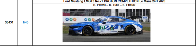 【スパーク(S8431)ご予約商品8/3締切】1/43 Ford Mustang LMGT3 No.77 PROTON COMPETITION 2026ルマン24時間レース E.パウエル-B.タック-S.プリアルクス 予価：税込￥13970