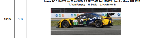 【スパーク(S8432)ご予約商品8/3締切】1/43 Lexus RC F LMGT3 No.78 AKKODIS ASP TEAM LMGT3クラス2位 2026ルマン24時間レース T.ファン・ロンパイ-H.デビッド-J.ホークスワース 予価：税込￥13970