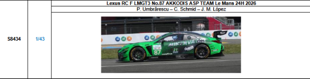 【スパーク(S8434)ご予約商品8/3締切】1/43 Lexus RC F LMGT3 No.87 AKKODIS ASP TEAM 2026ルマン24時間レース P.ウンブラレスク-C.シュミット-J.M.ロペス 予価：税込￥13970