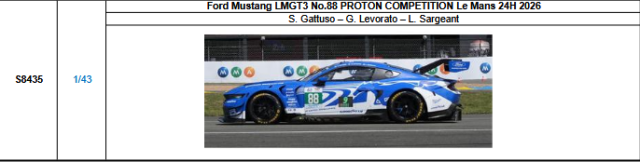 【スパーク(S8435)ご予約商品8/3締切】1/43 Ford Mustang LMGT3 No.88 PROTON COMPETITION 2026ルマン24時間レース S.ガットゥーゾ-G.レヴォラート-L.サージェント 予価：税込￥13970