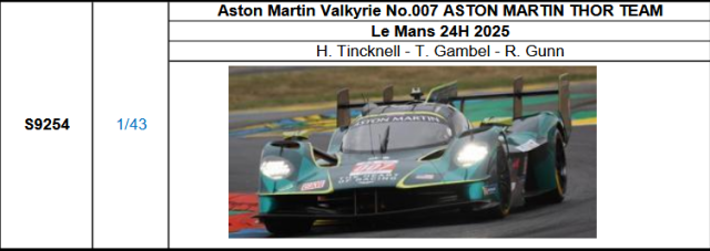 【スパーク(S9254)ご予約商品8/7締切】1/43 Aston Martin Valkyrie No.007 ASTON MARTIN THOR TEAM 2025ルマン24時間レース H.Tincknell-T.Gambel-R.Gunn 予価：税込￥12980 