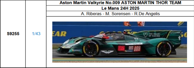 【スパーク(S9255)ご予約商品8/7締切】1/43 Aston Martin Valkyrie No.009 ASTON MARTIN THOR TEAM 2025ルマン24時間レース A.Riberas-M.Sorensen-R.De Angelis 予価：税込￥12980 