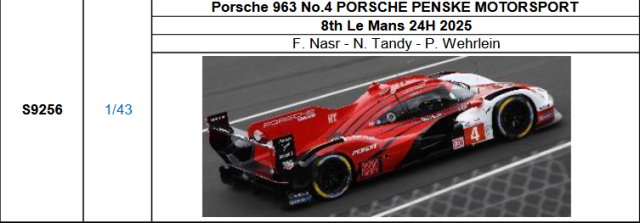 【スパーク(S9256)ご予約商品8/7締切】1/43 Porsche 963 No.4 PORSCHE PENSKE MOTORSPORT 2025ルマン24時間レース8位 F.Nasr-N. Tandy-P. Wehrlein 予価：税込￥12980 