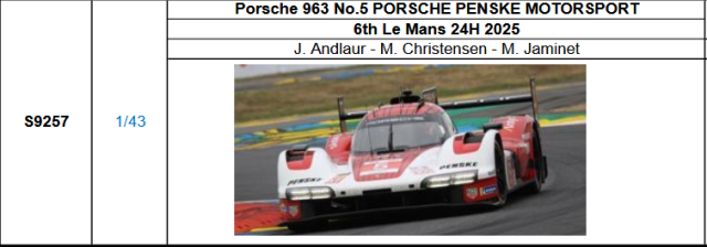 【スパーク(S9257)ご予約商品8/7締切】1/43 Porsche 963 No.5 PORSCHE PENSKE MOTORSPORT 2025ルマン24時間レース6位 J.Andlaur-M. Christensen-M. Jaminet 予価：税込￥12980  