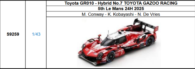 【スパーク(S9259)ご予約商品8/7締切】1/43 TOYOTA(トヨタ)GR010 HYBRID No.7 TOYOTA GAZOO Racing No.7 2025ルマン24時間レース M.コンウェイ -小林可夢偉-N.デフリース 予価：税込￥12980 