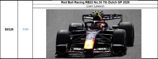 【スパーク(S9326)ご予約商品10/18締切】1/43 レッドブル RB22 No.30 L.ローソン 2026年オランダGP 7位　予価：税込￥13970