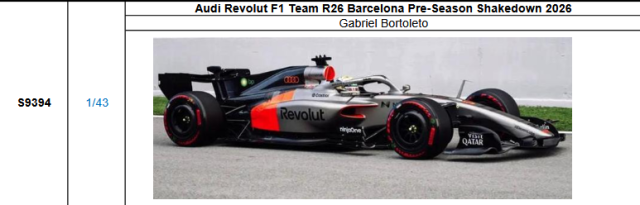 【スパーク(S9394)ご予約商品4/26締切】1/43 アウディ F1 R26 G.ボルトレイト 2026年バルセロナ プレシーズン　シェイクダウン 予価：税込￥13200