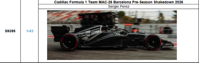 【スパーク(S9395)ご予約商品4/26締切】1/43 キャディラック F1 MAC-26 S.ペレス　2026年バルセロナ プレシーズン　シェイクダウン 予価：税込￥13200