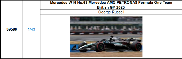 【スパーク(S9598)ご予約商品8/24締切】1/43 メルセデス F1 W16 G.ラッセル 2025年イギリスGP No.63 予価：税込￥12980
