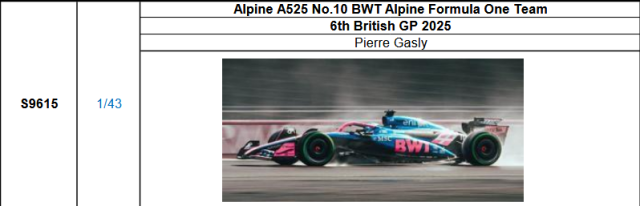 【スパーク(S9615)ご予約商品8/24締切】1/43 アルピーヌ F1 A525 P.ガスリー 2025年イギリスGP6位 No.10 予価：税込￥12980