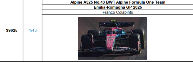 【スパーク(S9625)ご予約商品8/24締切】1/43 アルピーヌ F1 A525 F.コラピント 2025年エミリアロマーニャGP No.43 予価：税込￥12980