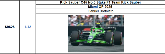 【スパーク(S9626)ご予約商品8/24締切】1/43 Kick ザウバー C45 G.ボルトレート 2025年マイアミGP No.5 予価：税込￥12980