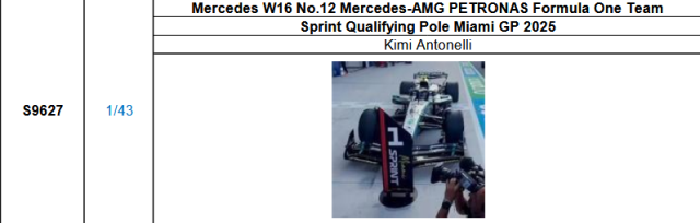 【スパーク(S9627)ご予約商品8/24締切】1/43 メルセデス F1 W16 K.アントネッリ 2025年マイアミGPSprint Qualifying Pole with Position Board No.12 予価：税込￥13750
