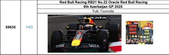 【スパーク(S9635)ご予約商品11/11締切】1/43 レッドブル RB21 角田裕毅 2025年アゼルバイジャンGP6位with pit board No.22 予価：税込￥13750